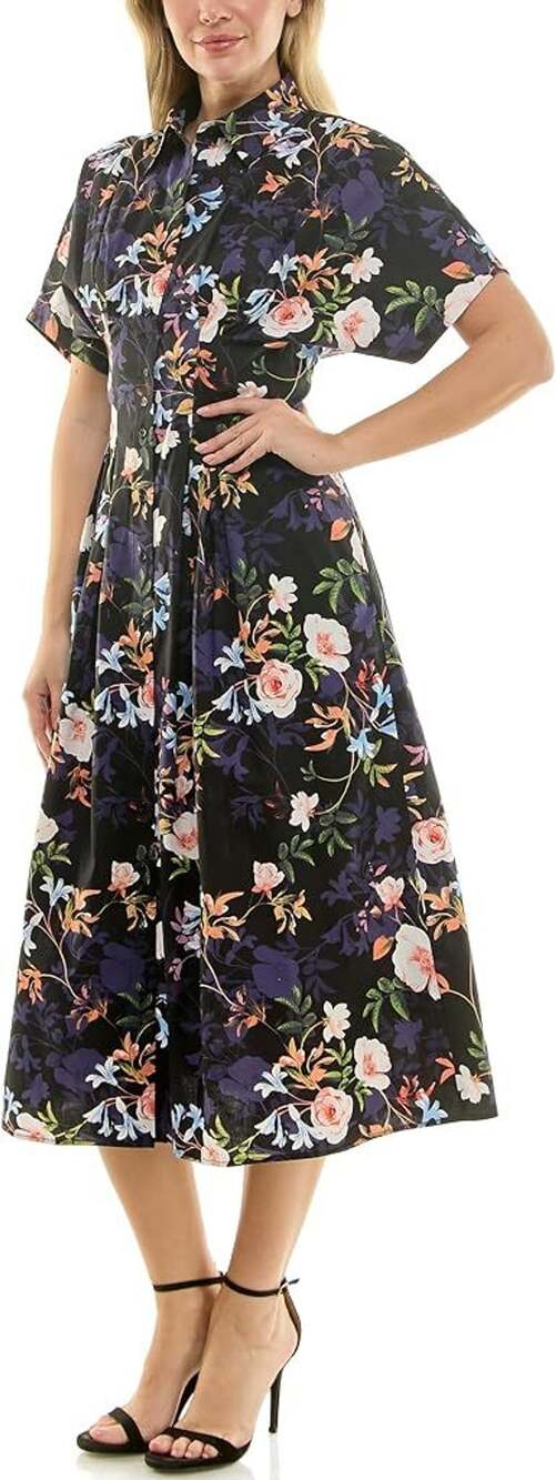 Nicole Miller Midi Shirtdress Size 12 Black Floral Print Pintuck Waist